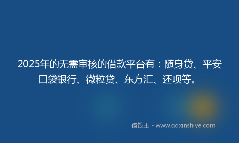 2025年的无需审核的借款平台有：随身贷、平安口袋银行、微粒贷、东方汇、还呗等。