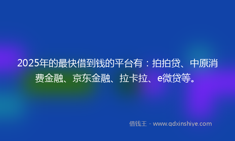 2025年的最快借到钱的平台有：拍拍贷、中原消费金融、京东金融、拉卡拉、e微贷等。