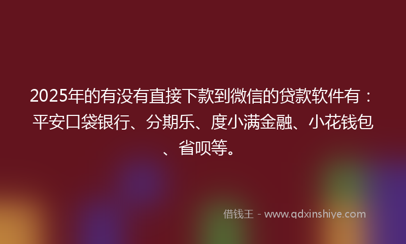 2025年的有没有直接下款到微信的贷款软件有：平安口袋银行、分期乐、度小满金融、小花钱包、省呗等。
