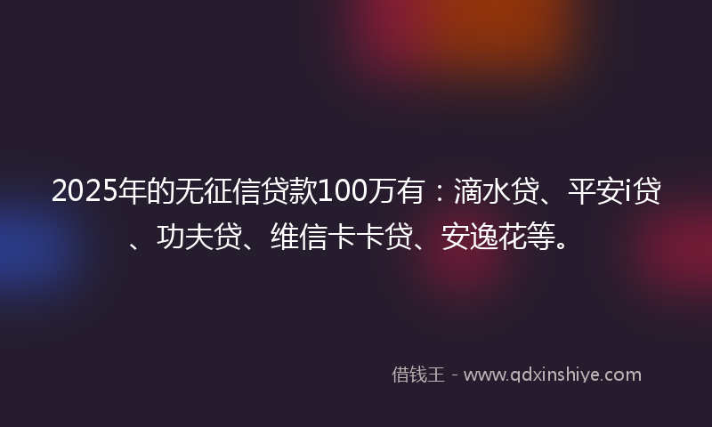 2025年的无征信贷款100万有：滴水贷、平安i贷、功夫贷、维信卡卡贷、安逸花等。