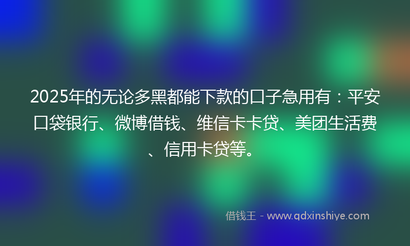 2025年的无论多黑都能下款的口子急用有：平安口袋银行、微博借钱、维信卡卡贷、美团生活费、信用卡贷等。