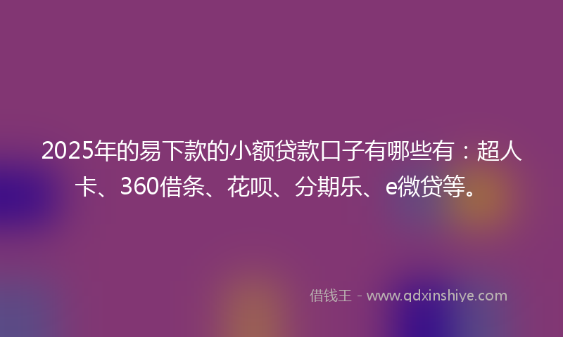 2025年的易下款的小额贷款口子有哪些有：超人卡、360借条、花呗、分期乐、e微贷等。