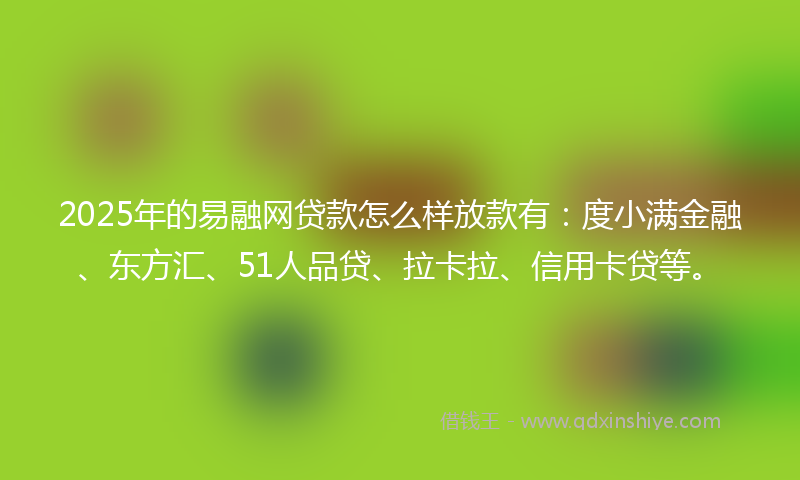 2025年的易融网贷款怎么样放款有：度小满金融、东方汇、51人品贷、拉卡拉、信用卡贷等。