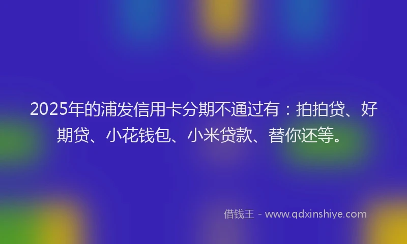 2025年的浦发信用卡分期不通过有：拍拍贷、好期贷、小花钱包、小米贷款、替你还等。