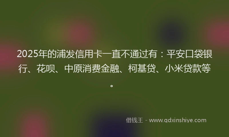 2025年的浦发信用卡一直不通过有：平安口袋银行、花呗、中原消费金融、柯基贷、小米贷款等。