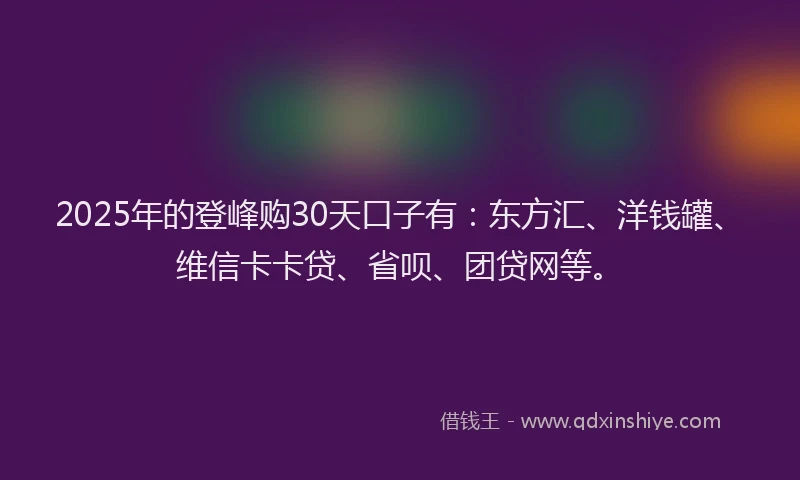 2025年的登峰购30天口子有：东方汇、洋钱罐、维信卡卡贷、省呗、团贷网等。