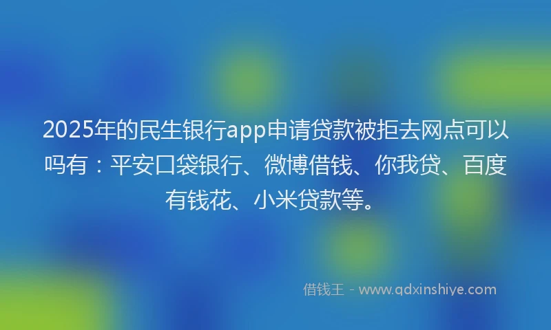 2025年的民生银行app申请贷款被拒去网点可以吗有：平安口袋银行、微博借钱、你我贷、百度有钱花、小米贷款等。