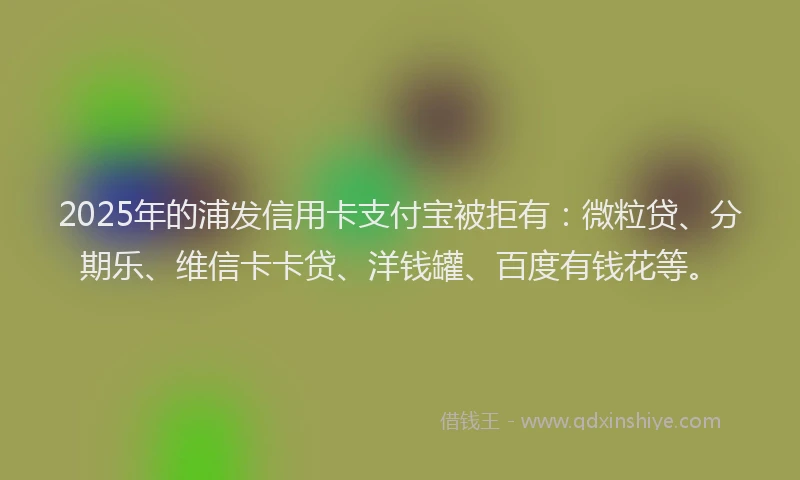 2025年的浦发信用卡支付宝被拒有：微粒贷、分期乐、维信卡卡贷、洋钱罐、百度有钱花等。