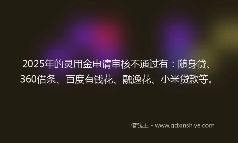 2025年的灵用金申请审核不通过有：随身贷、360借条、百度有钱花、融逸花、小米贷款等。