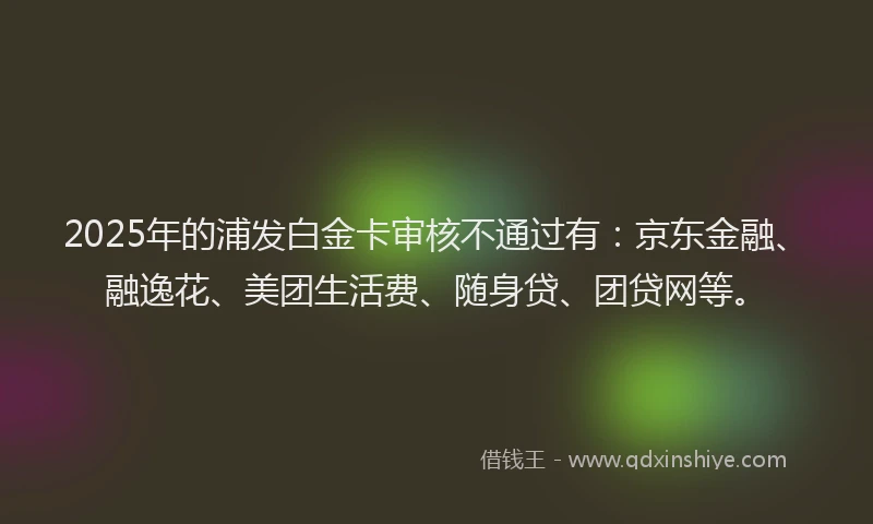 2025年的浦发白金卡审核不通过有：京东金融、融逸花、美团生活费、随身贷、团贷网等。