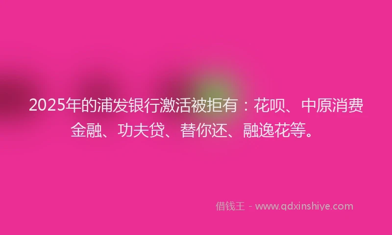 2025年的浦发银行激活被拒有：花呗、中原消费金融、功夫贷、替你还、融逸花等。