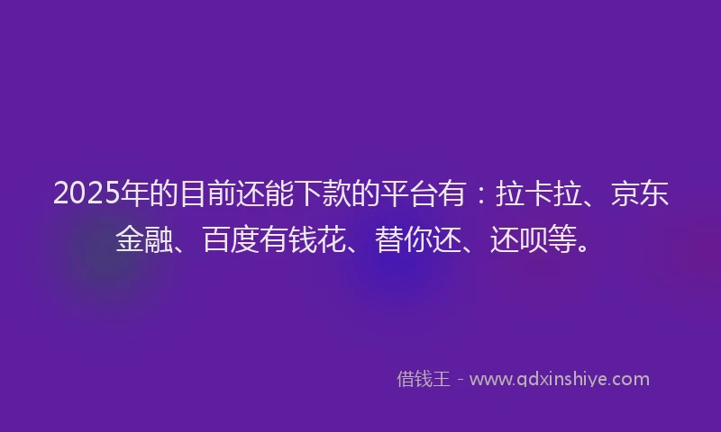 2025年的目前还能下款的平台有：拉卡拉、京东金融、百度有钱花、替你还、还呗等。