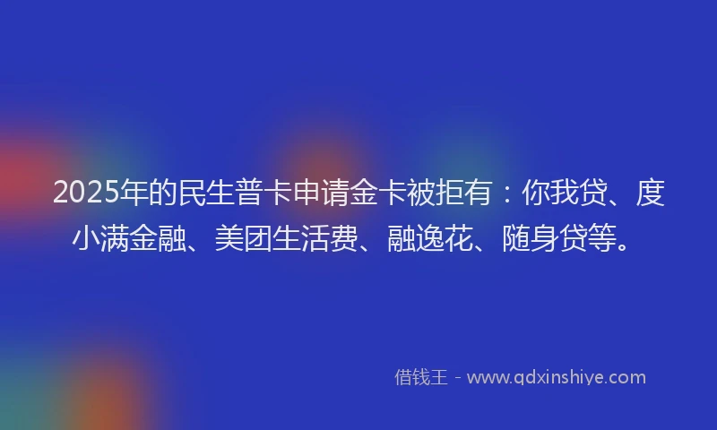 2025年的民生普卡申请金卡被拒有：你我贷、度小满金融、美团生活费、融逸花、随身贷等。