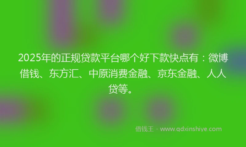 2025年的正规贷款平台哪个好下款快点有：微博借钱、东方汇、中原消费金融、京东金融、人人贷等。