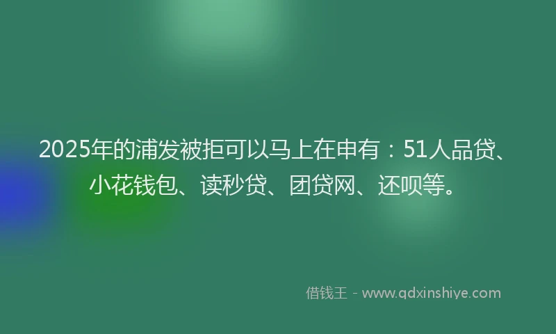 2025年的浦发被拒可以马上在申有：51人品贷、小花钱包、读秒贷、团贷网、还呗等。
