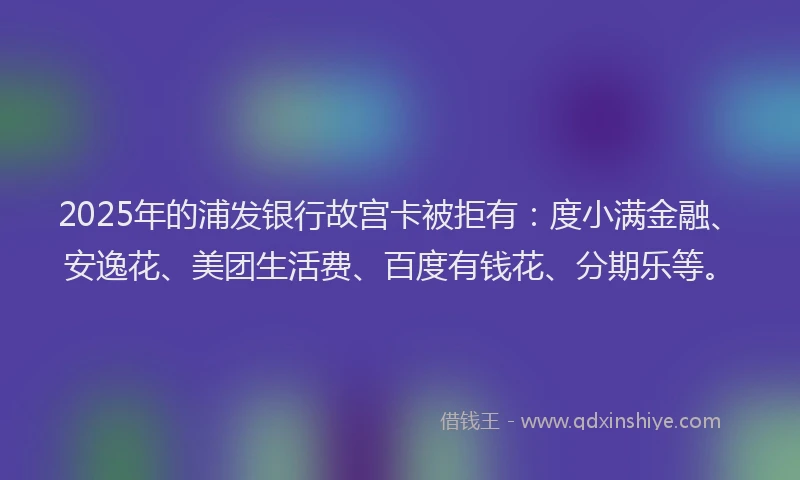 2025年的浦发银行故宫卡被拒有：度小满金融、安逸花、美团生活费、百度有钱花、分期乐等。