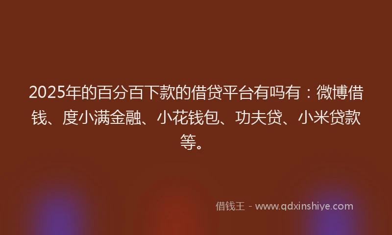 2025年的百分百下款的借贷平台有吗有：微博借钱、度小满金融、小花钱包、功夫贷、小米贷款等。