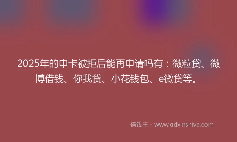 2025年的申卡被拒后能再申请吗有：微粒贷、微博借钱、你我贷、小花钱包、e微贷等。
