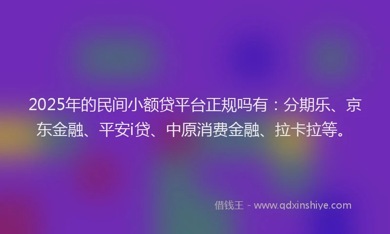 2025年的民间小额贷平台正规吗有：分期乐、京东金融、平安i贷、中原消费金融、拉卡拉等。
