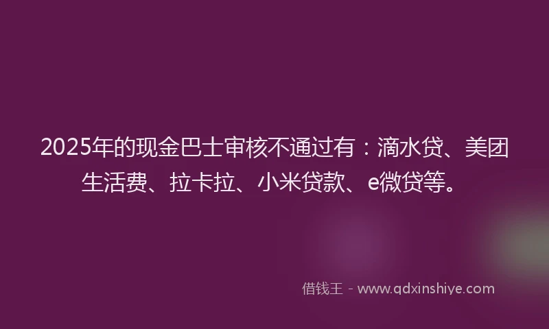 2025年的现金巴士审核不通过有：滴水贷、美团生活费、拉卡拉、小米贷款、e微贷等。