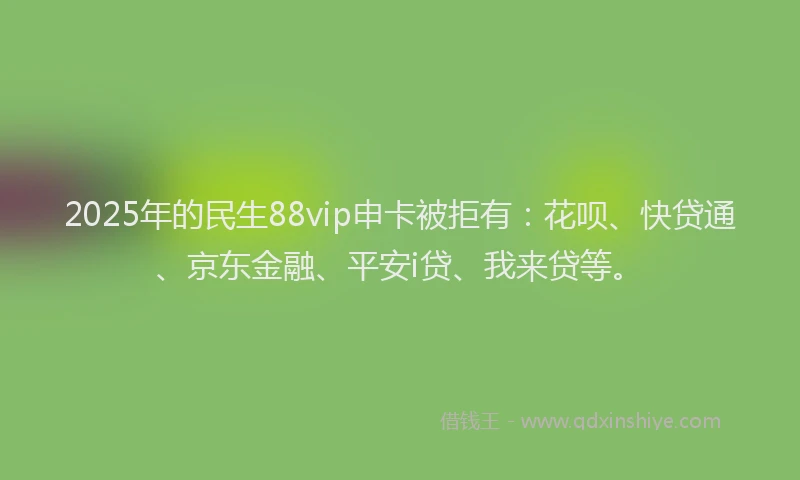 2025年的民生88vip申卡被拒有：花呗、快贷通、京东金融、平安i贷、我来贷等。