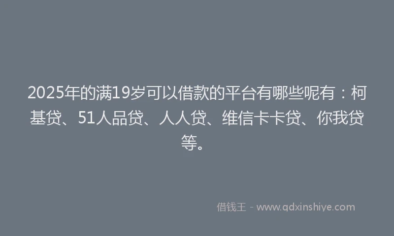 2025年的满19岁可以借款的平台有哪些呢有：柯基贷、51人品贷、人人贷、维信卡卡贷、你我贷等。