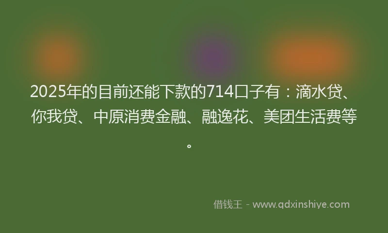 2025年的目前还能下款的714口子有：滴水贷、你我贷、中原消费金融、融逸花、美团生活费等。