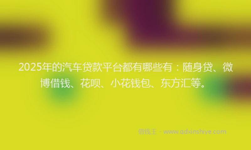 2025年的汽车贷款平台都有哪些有：随身贷、微博借钱、花呗、小花钱包、东方汇等。