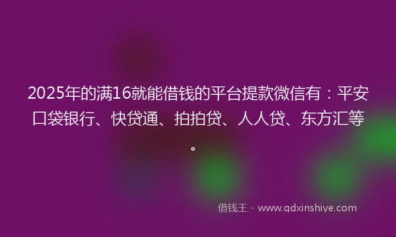 2025年的满16就能借钱的平台提款微信有：平安口袋银行、快贷通、拍拍贷、人人贷、东方汇等。