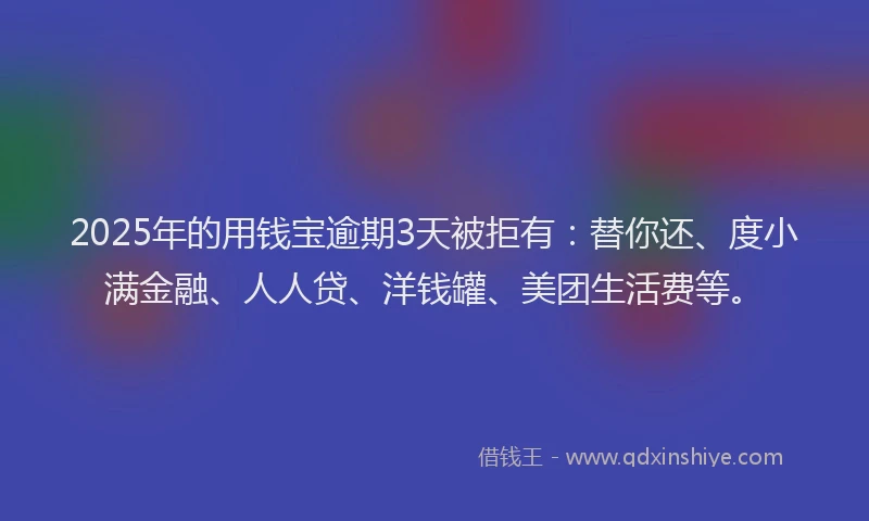 2025年的用钱宝逾期3天被拒有：替你还、度小满金融、人人贷、洋钱罐、美团生活费等。