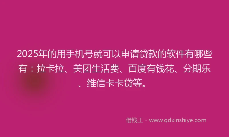 2025年的用手机号就可以申请贷款的软件有哪些有：拉卡拉、美团生活费、百度有钱花、分期乐、维信卡卡贷等。