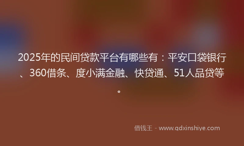 2025年的民间贷款平台有哪些有：平安口袋银行、360借条、度小满金融、快贷通、51人品贷等。