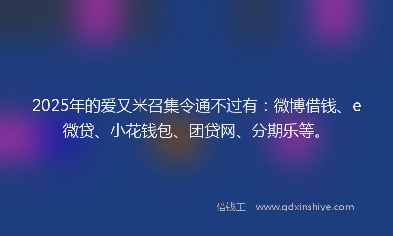 2025年的爱又米召集令通不过有：微博借钱、e微贷、小花钱包、团贷网、分期乐等。