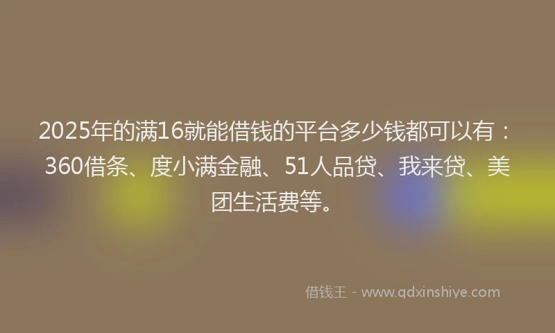 2025年的满16就能借钱的平台多少钱都可以有：360借条、度小满金融、51人品贷、我来贷、美团生活费等。