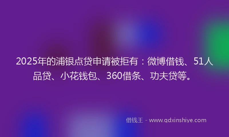 2025年的浦银点贷申请被拒有：微博借钱、51人品贷、小花钱包、360借条、功夫贷等。