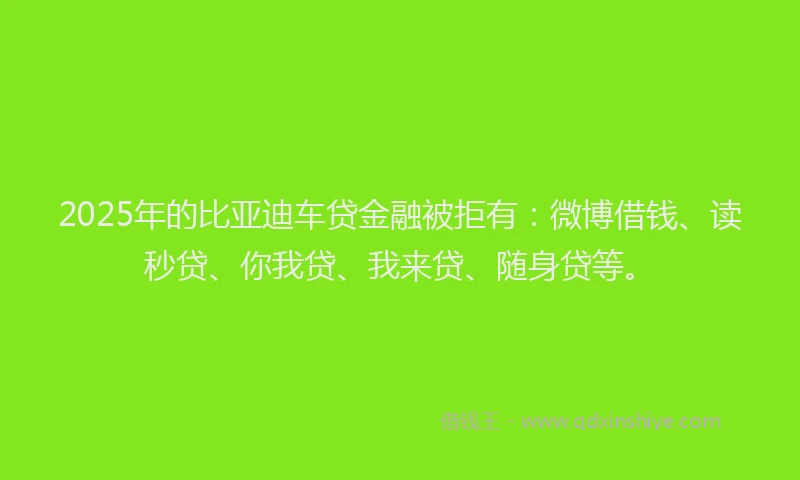 2025年的比亚迪车贷金融被拒有：微博借钱、读秒贷、你我贷、我来贷、随身贷等。