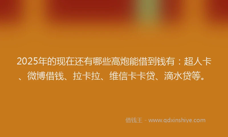 2025年的现在还有哪些高炮能借到钱有：超人卡、微博借钱、拉卡拉、维信卡卡贷、滴水贷等。
