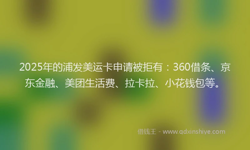 2025年的浦发美运卡申请被拒有：360借条、京东金融、美团生活费、拉卡拉、小花钱包等。