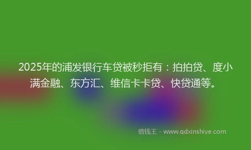2025年的浦发银行车贷被秒拒有：拍拍贷、度小满金融、东方汇、维信卡卡贷、快贷通等。