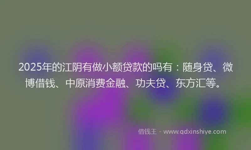 2025年的江阴有做小额贷款的吗有：随身贷、微博借钱、中原消费金融、功夫贷、东方汇等。