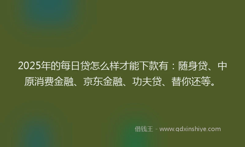 2025年的每日贷怎么样才能下款有：随身贷、中原消费金融、京东金融、功夫贷、替你还等。