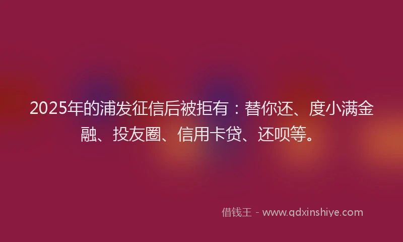 2025年的浦发征信后被拒有：替你还、度小满金融、投友圈、信用卡贷、还呗等。