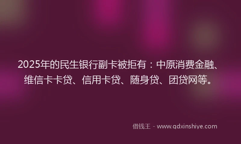 2025年的民生银行副卡被拒有：中原消费金融、维信卡卡贷、信用卡贷、随身贷、团贷网等。