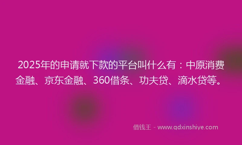 2025年的申请就下款的平台叫什么有：中原消费金融、京东金融、360借条、功夫贷、滴水贷等。