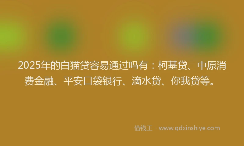 2025年的白猫贷容易通过吗有：柯基贷、中原消费金融、平安口袋银行、滴水贷、你我贷等。