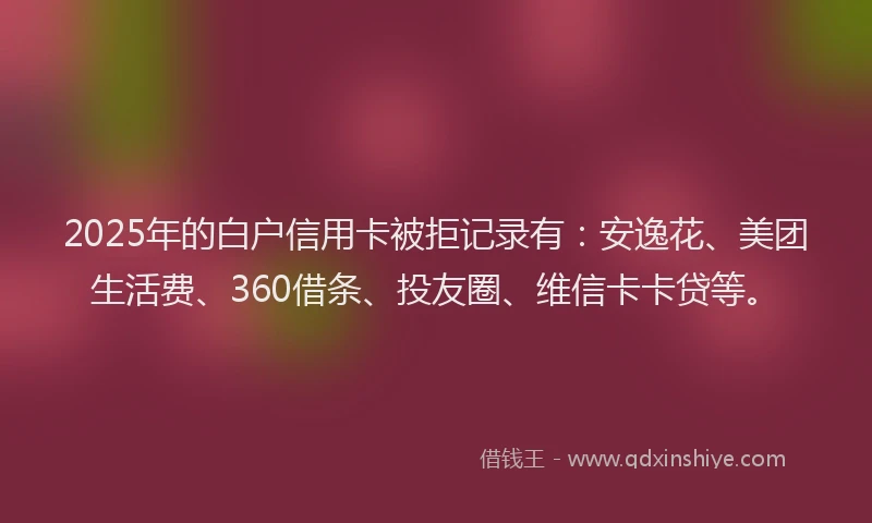 2025年的白户信用卡被拒记录有：安逸花、美团生活费、360借条、投友圈、维信卡卡贷等。
