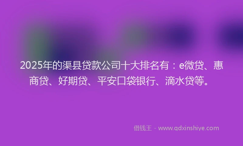 2025年的渠县贷款公司十大排名有：e微贷、惠商贷、好期贷、平安口袋银行、滴水贷等。