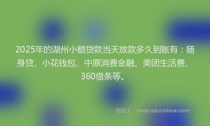 2025年的湖州小额贷款当天放款多久到账有：随身贷、小花钱包、中原消费金融、美团生活费、360借条等。