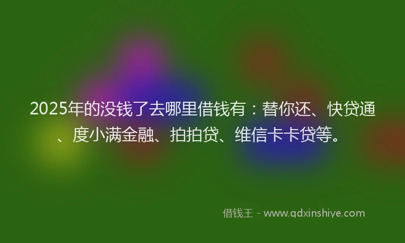 2025年的没钱了去哪里借钱有：替你还、快贷通、度小满金融、拍拍贷、维信卡卡贷等。