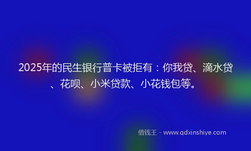 2025年的民生银行普卡被拒有：你我贷、滴水贷、花呗、小米贷款、小花钱包等。